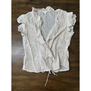 Lynne Chan Vintage Floral Wrap Top Pink White Ruffle Cap Sleeve Cottagecore USA